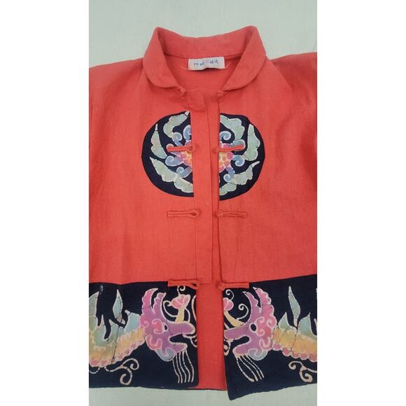 Vintage Boho Asian Festival Jacket Red Batik Dragon Pheonix Kimono Top Size M - Picture 3 of 10